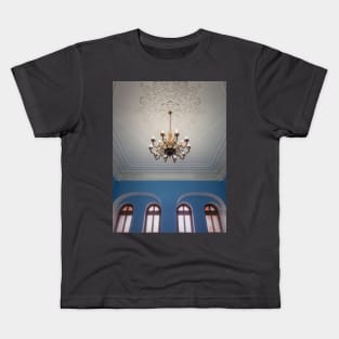 golden chandelier suspended down a ornate ceiling Kids T-Shirt